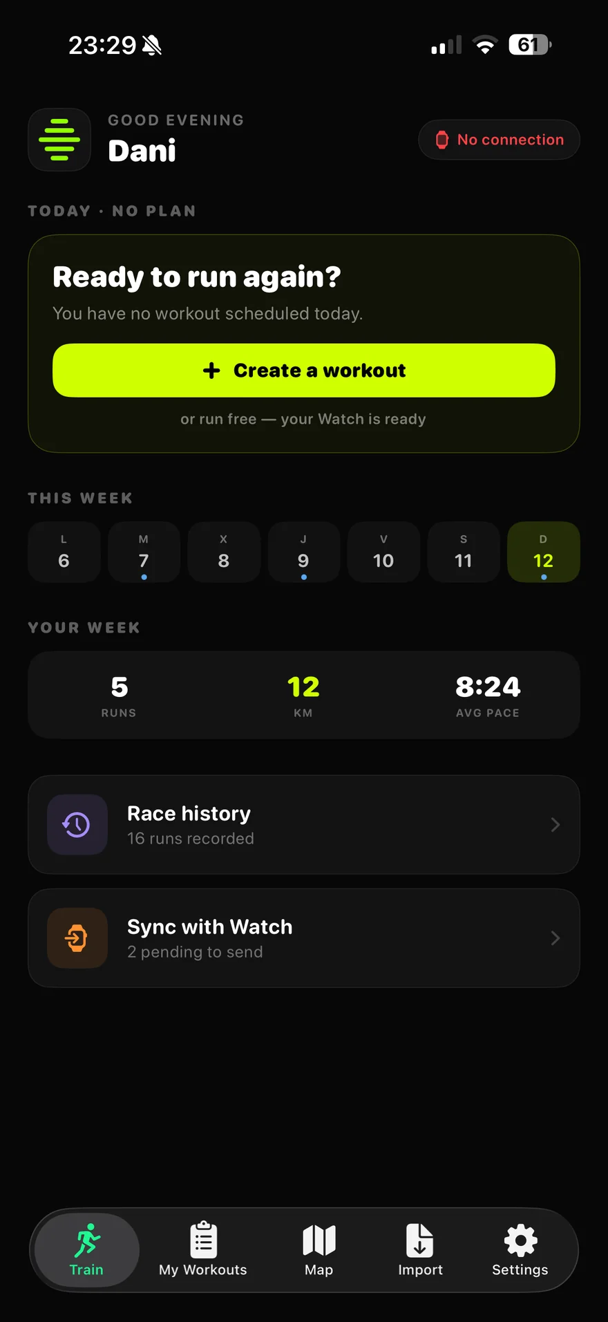 Pantalla Entrenar con el plan del día y resumen semanal