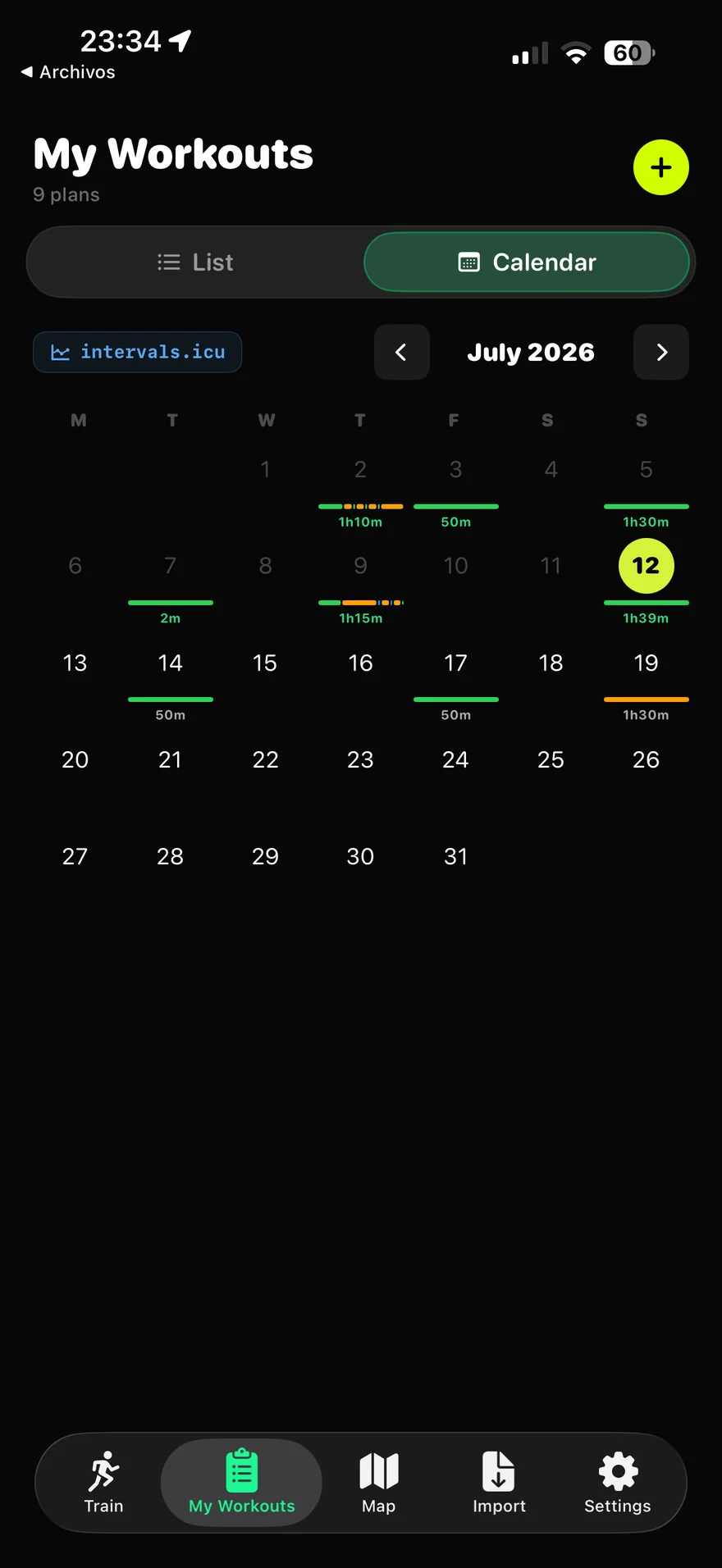 Calendario sincronizado con intervals.icu