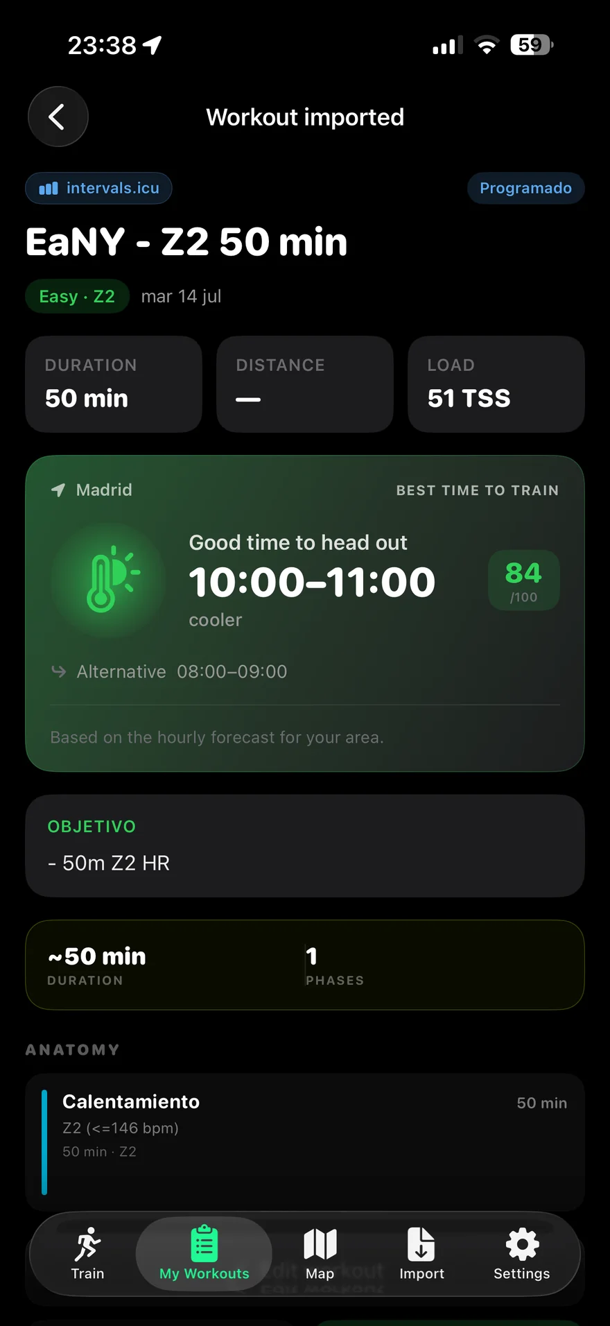 Recomendación de la mejor hora para entrenar