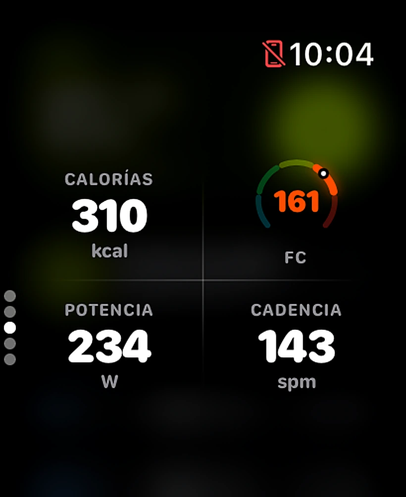 Métricas en carrera: 310 kcal, 161 ppm, 234 W, cadencia 143 spm