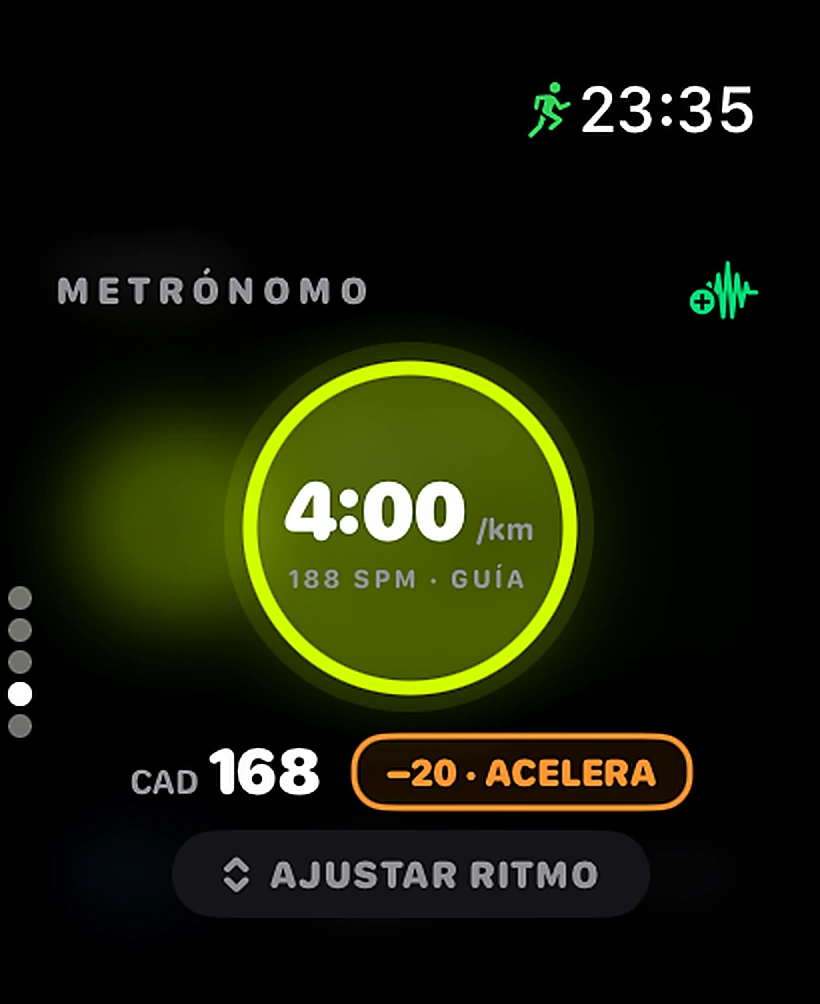 Metrónomo: 4:00/km, 188 spm, aviso de acelerar