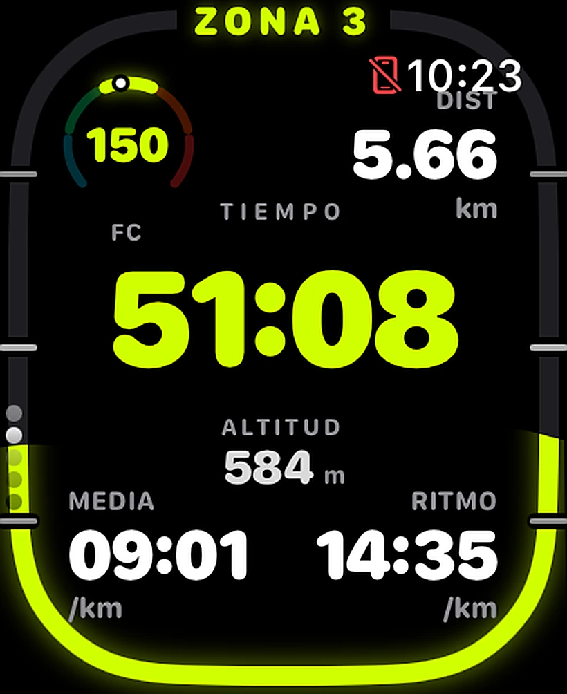 Apple Watch durante un entreno: ZONA 3, 150 ppm, 5,66 km